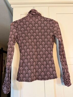 INC long sleeve high neck stretchy top, three covered buttons at neck, size M